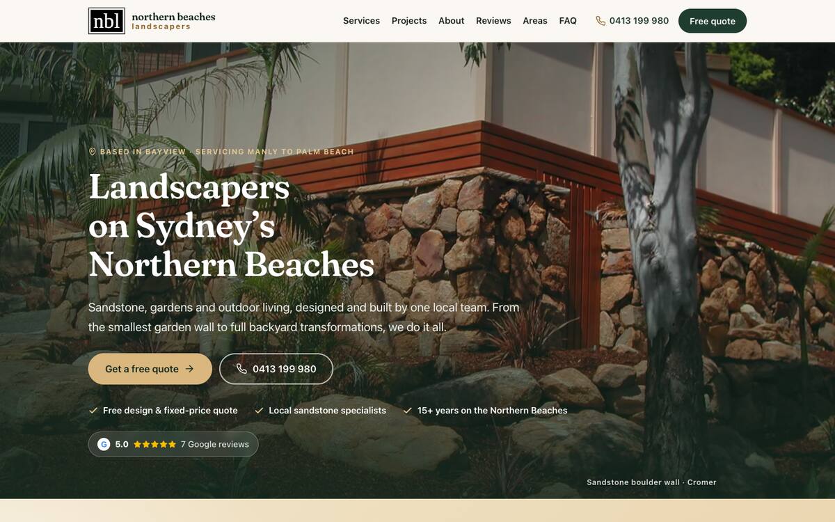 Home page of the northern beaches landscapers website on a desktop browser