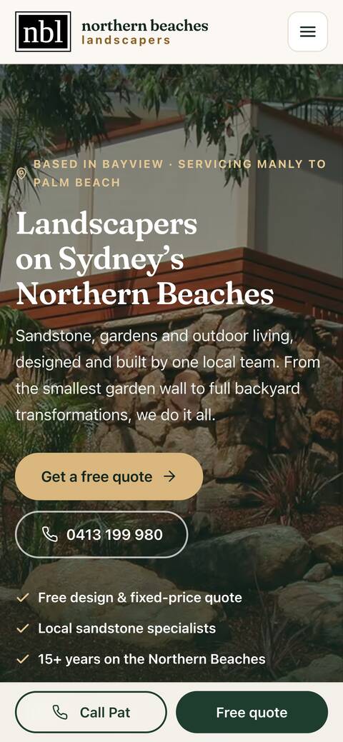 The northern beaches landscapers website on a phone