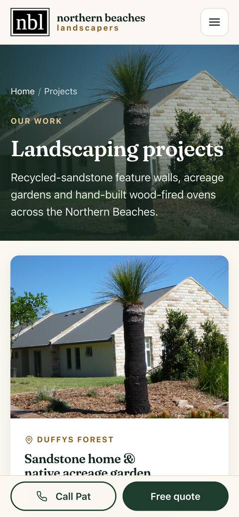 The northern beaches landscapers projects page on a phone