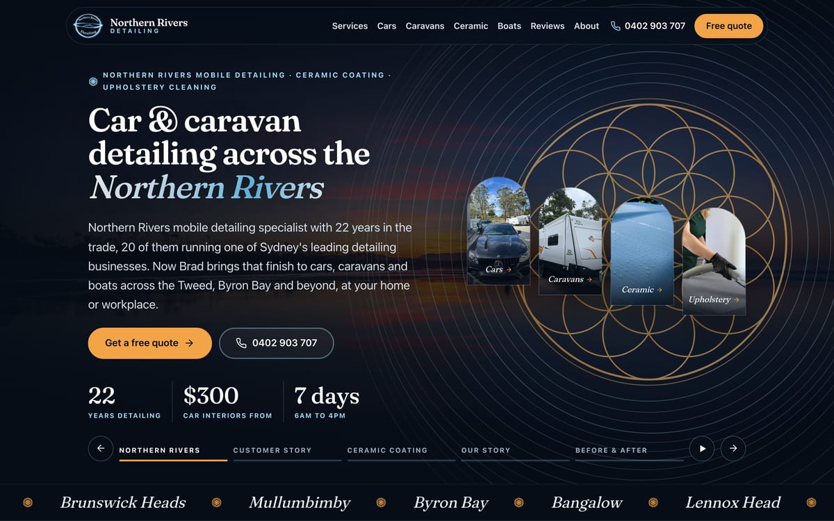 Home page of the Northern Rivers Detailing website on a desktop browser