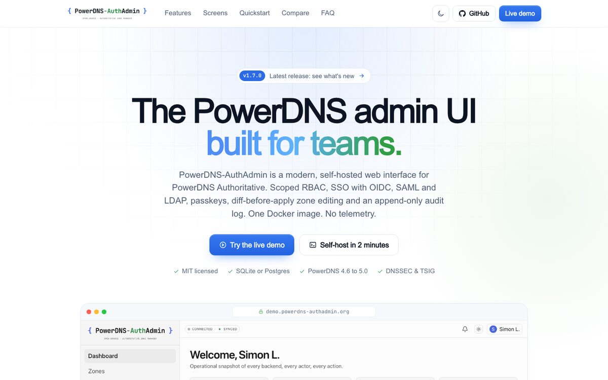 Home page of the PowerDNS-AuthAdmin website