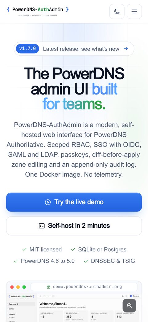 The PowerDNS-AuthAdmin website on a phone