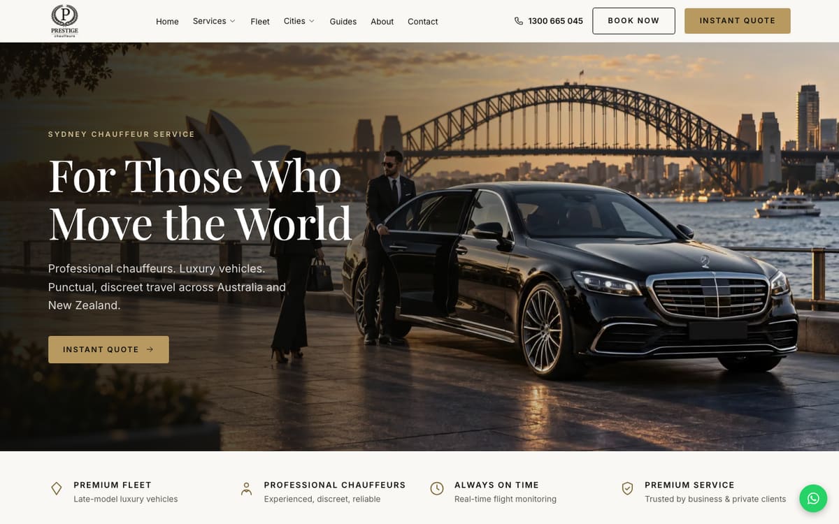 Home page of the Prestige Chauffeurs website