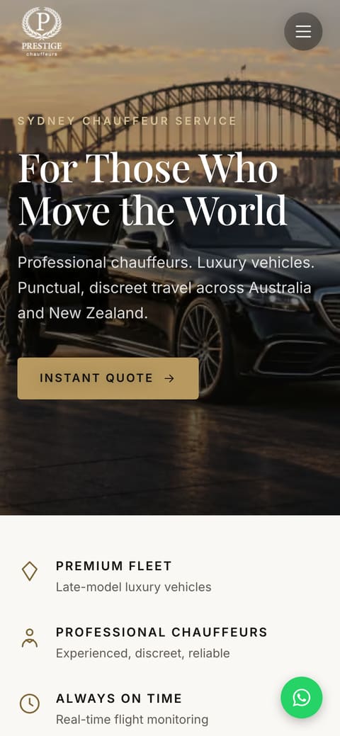 The Prestige Chauffeurs website on a phone
