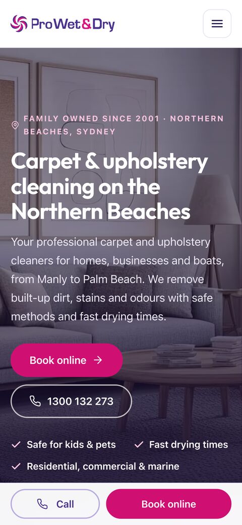The Pro Wet & Dry website on a phone