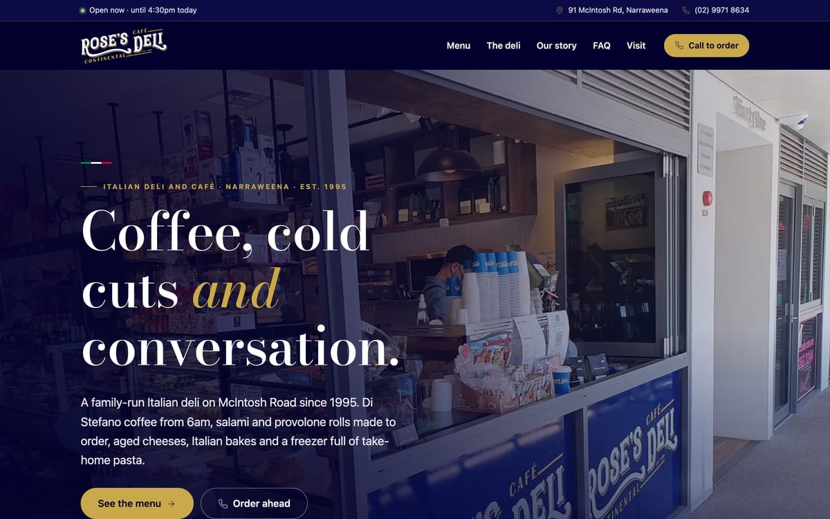 Home page of the Rose's Continental Deli website