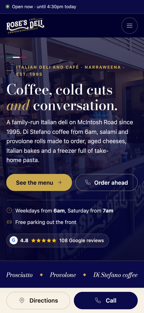 The Rose's Continental Deli website on a phone