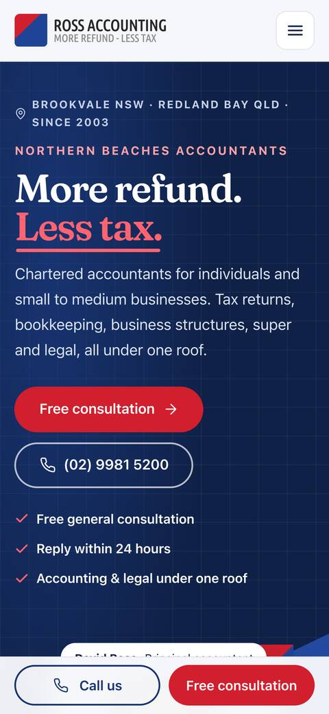 The Ross Accounting home page on a phone