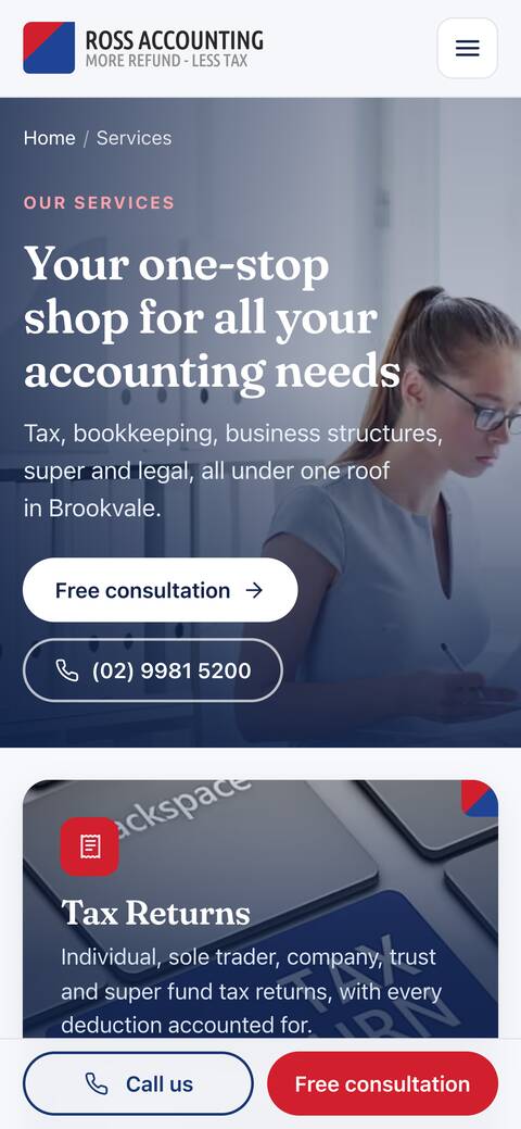 The Ross Accounting services page on a phone