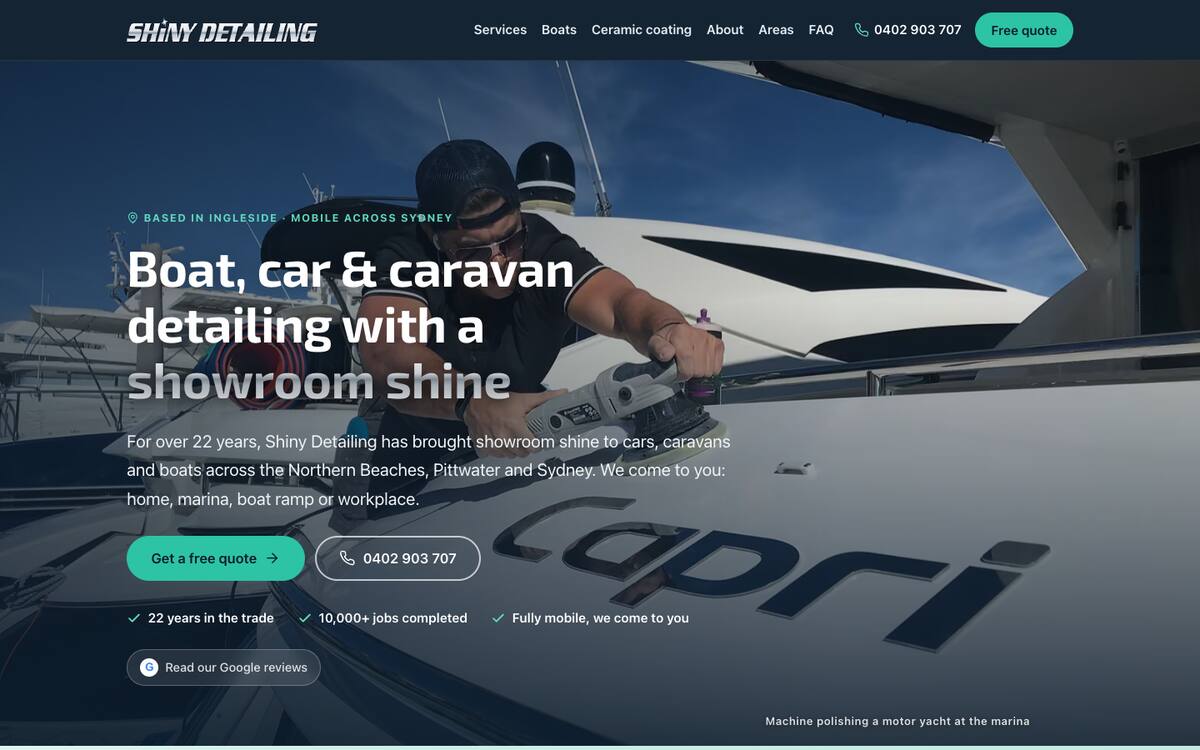Home page of the Shiny Detailing website on a desktop browser