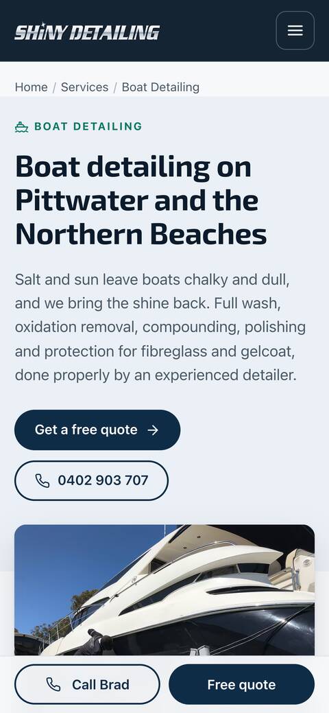 The Shiny Detailing boat detailing page on a phone