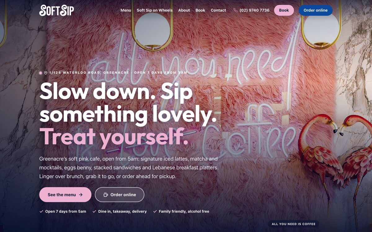 Home page of the Soft Sip website on a desktop browser