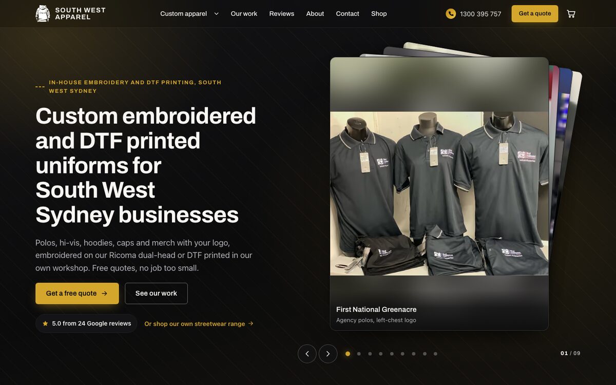 Home page of the South West Apparel website