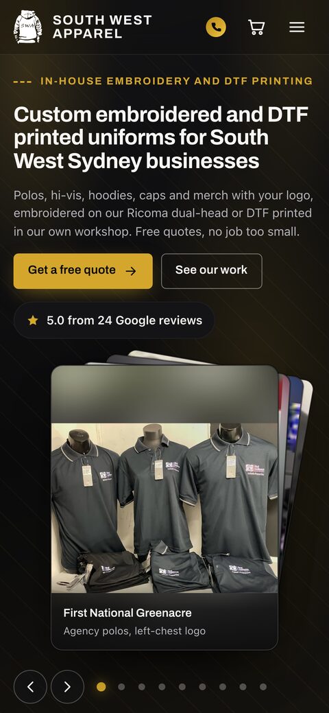The South West Apparel website on a phone