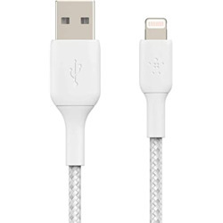 BELKIN 2M USB-A TO LIGHTNING CHARGE/SYNC CABLE, BRAIDED, MFi, WHT, 2 YR WTY