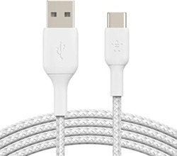 BELKIN 1M USB-A TO USB-C CHARGE/SYNC CABLE, BRAIDED, WHITE, 2YR WTY