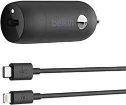 BELKIN 1 PORT CAR CHARGER, 20W USB-C (1) PD, USB-C TO LIGHTNING CABLE INCLUDED, BLACK, 2YR