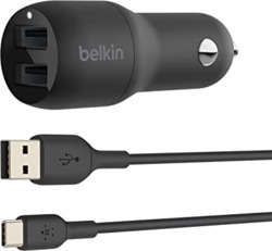 BELKIN 2 PORT CAR CHARGER, 12W/2.4A USB-A (2), 1M USB-A TO USB-C CABLE, 2YR WTY